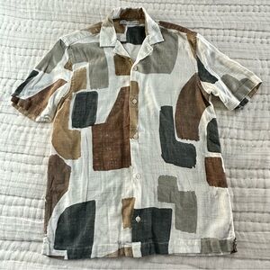 Zara Men's Shirt with Abstract Cream, Brown, and Gray Eclectic pattern, Small